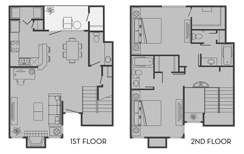 Floor plan for 2 beds, 3 baths, 1190 sqft